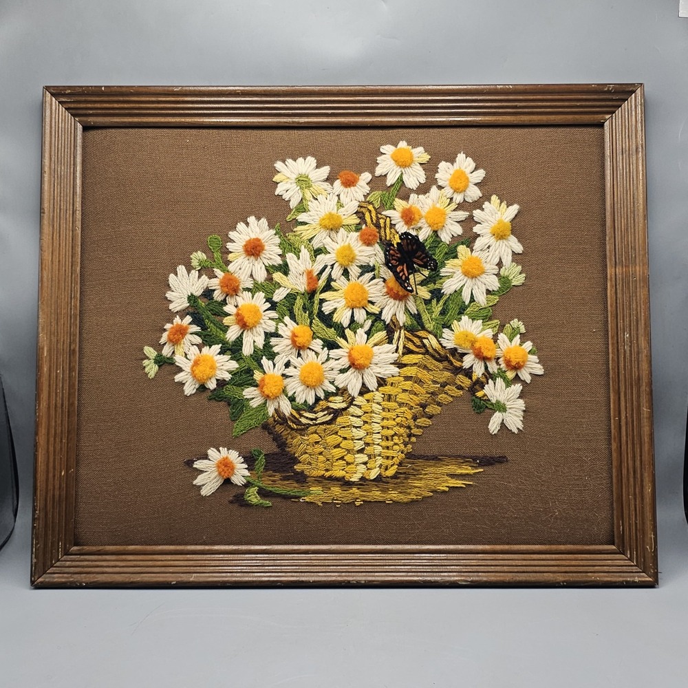 Vintage Sunset Designs Daisys Butterfly Needlepoint Framed 22x18 Cottagecore